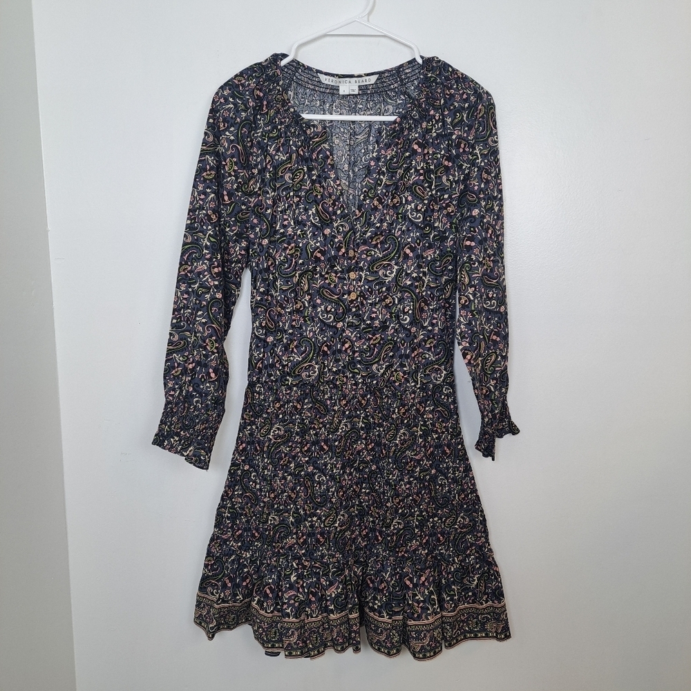 Veronica Beard Blue Multicolor Smocked Ruffle Paisley Karlina Mini Dress Size 8 - Picture 3 of 7